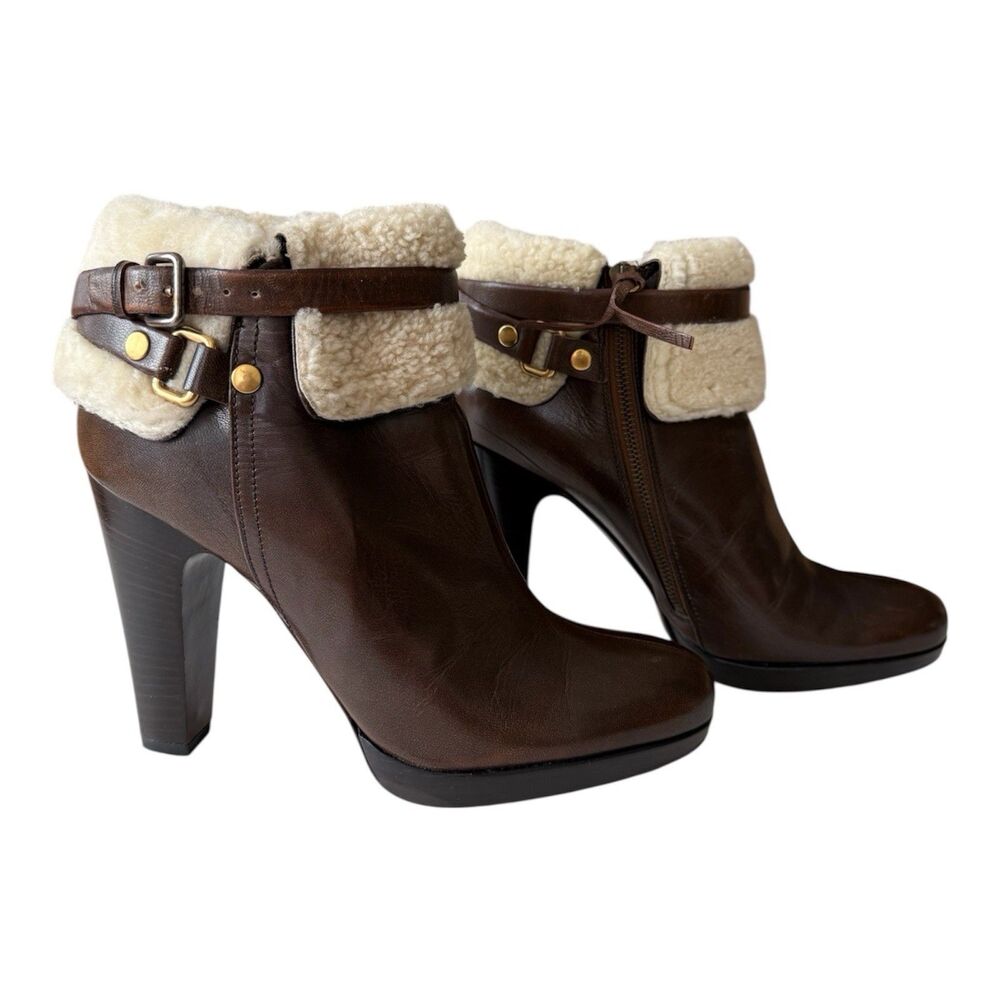 Miu Miu Shearling Lined Brown Leather Ankle Boots SIZE 9.5 Buckle Strap Designer